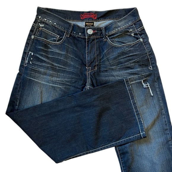 Y2K Laguna Beach Distressed Jeans Dark Blue Flap Pockets Embroidered Skull 38x31 - Picture 3 of 16